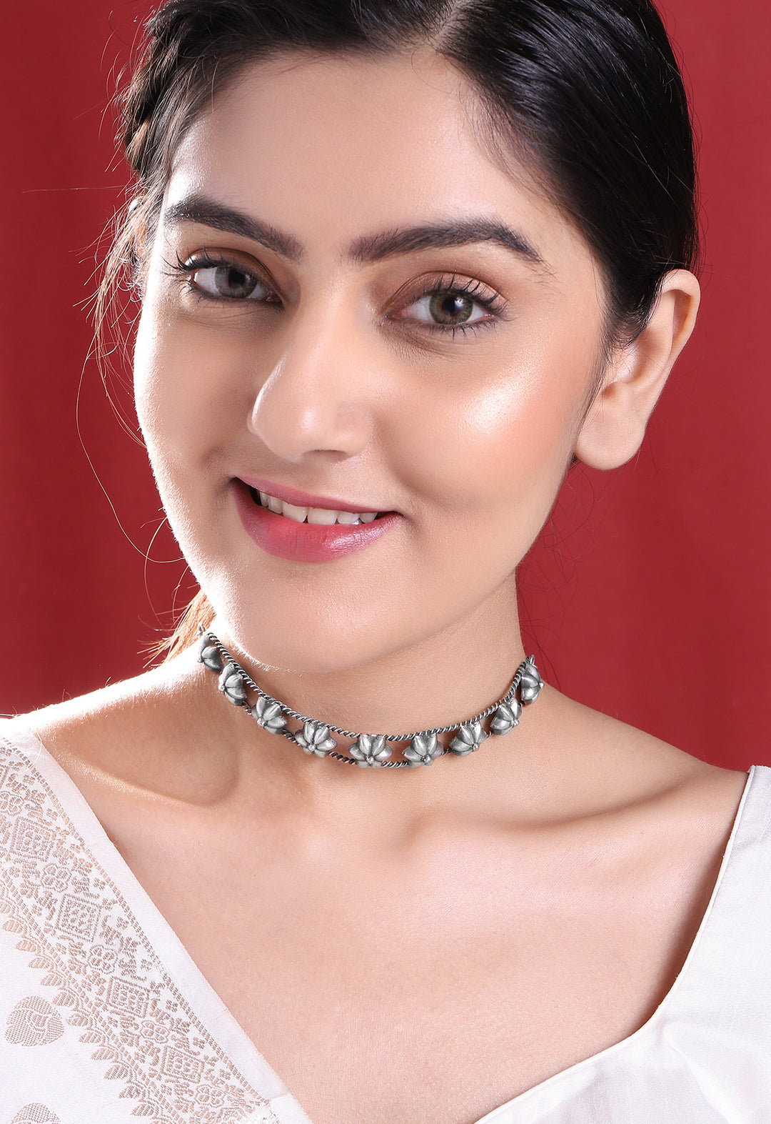 Rubans Floral Oxidised Handcrafted Silver Plated Choker Silver