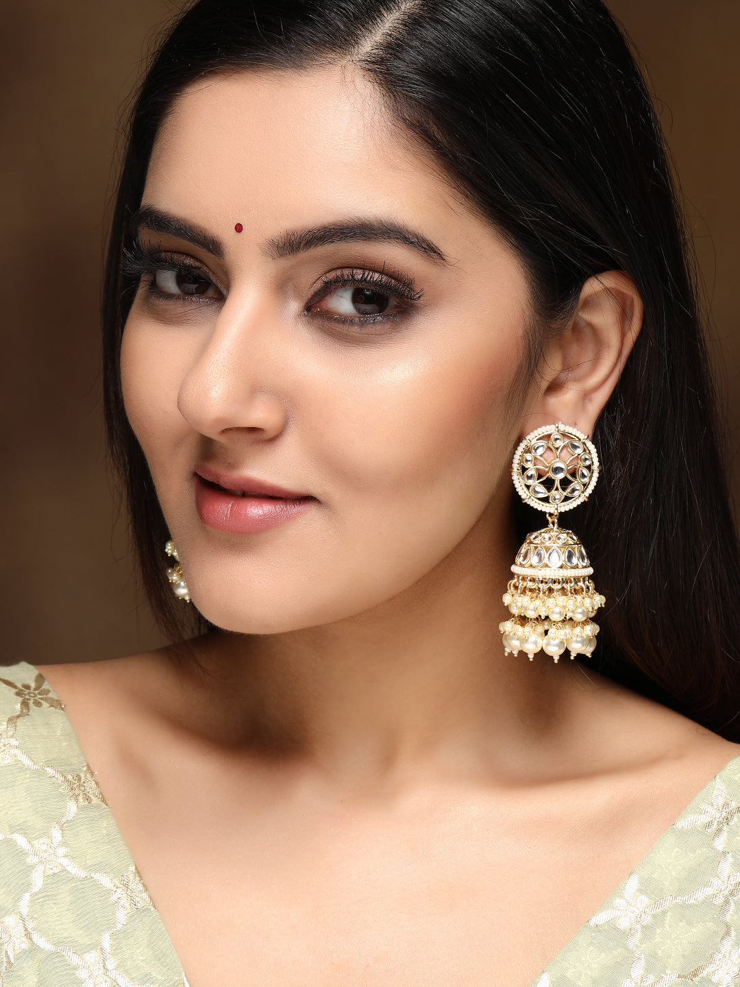 Rubans 24K Gold Plated Handcrafted Kundan with White perals Jhumka Earrings Gold