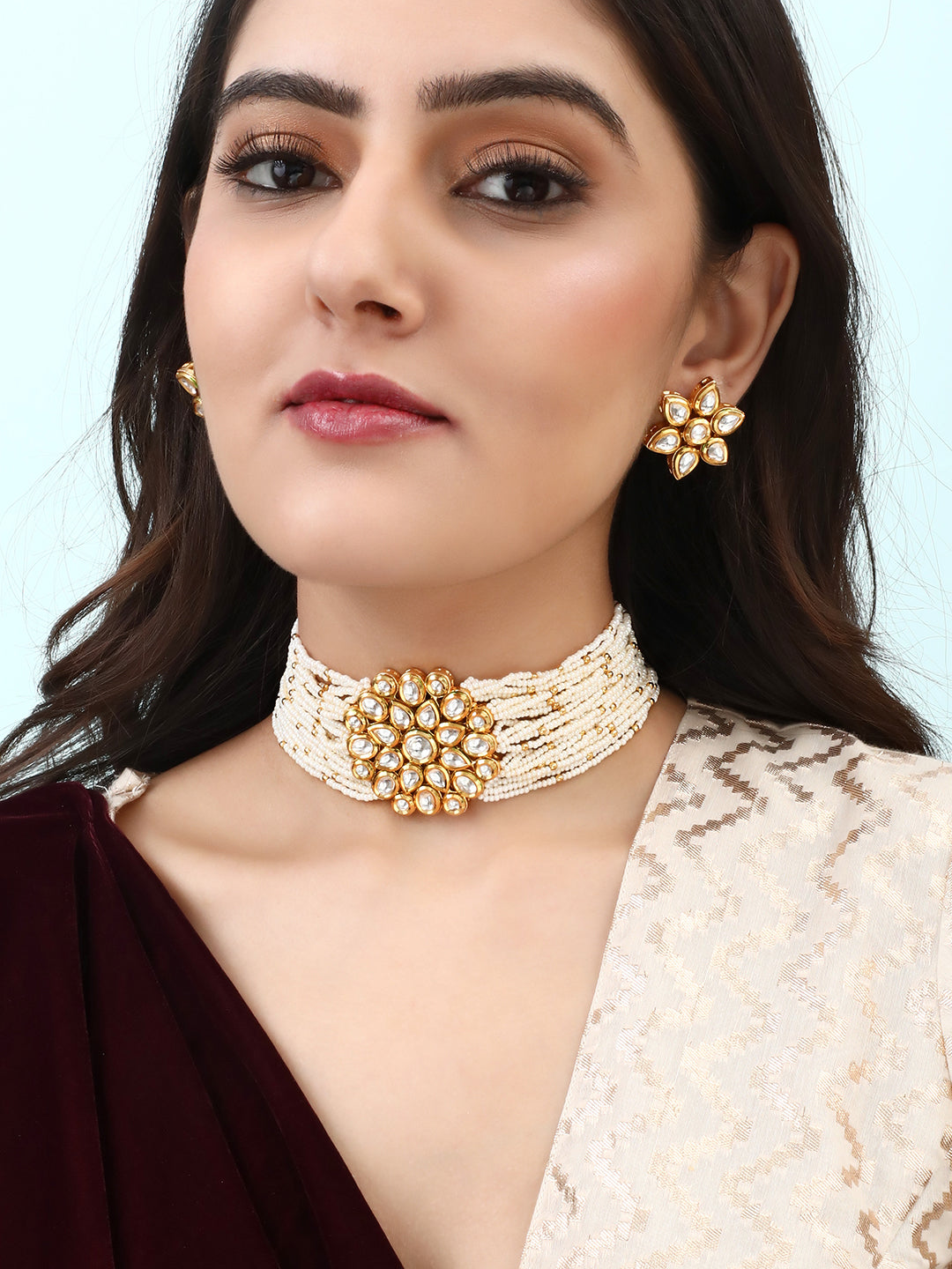 Rubans Luxury 24K Gold Plated Handcrafted Kundan & White Pearls Choker Set White