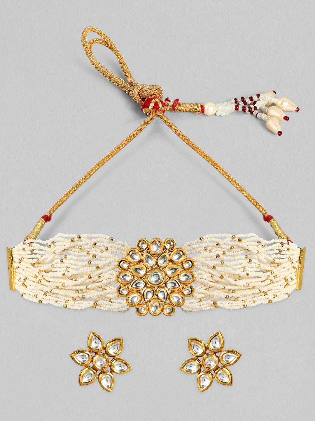 Rubans Luxury 24K Gold Plated Handcrafted Kundan & White Pearls Choker Set White