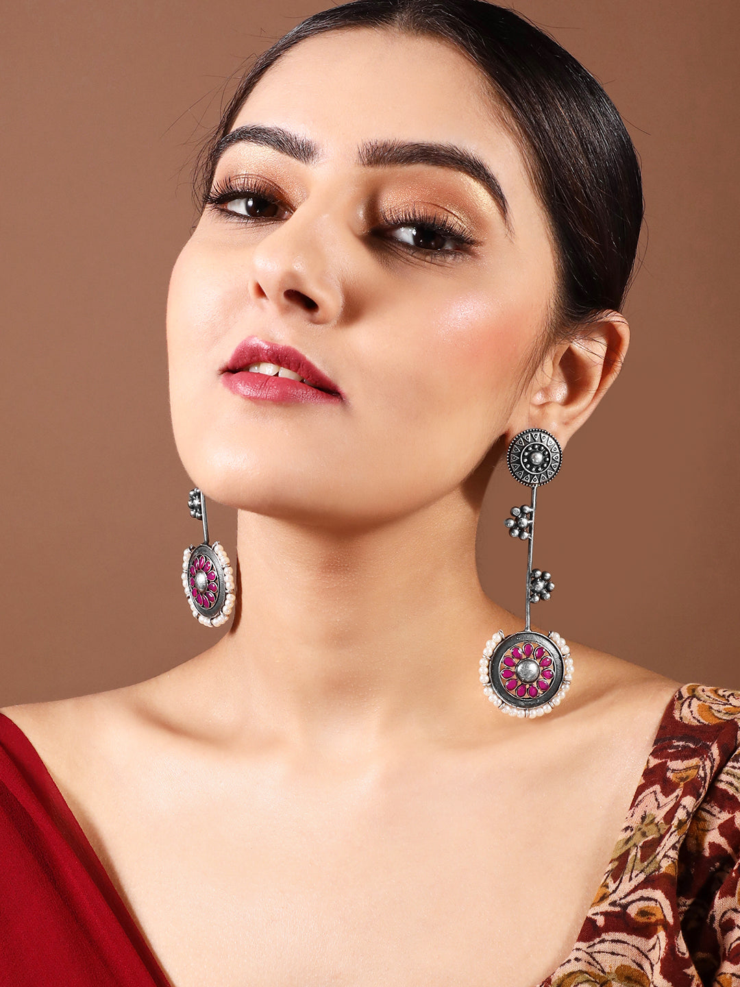 Rubans Oxidised Silver Plated Handcrafted Ruby Stone with White Pearls Drop Earrings Silver