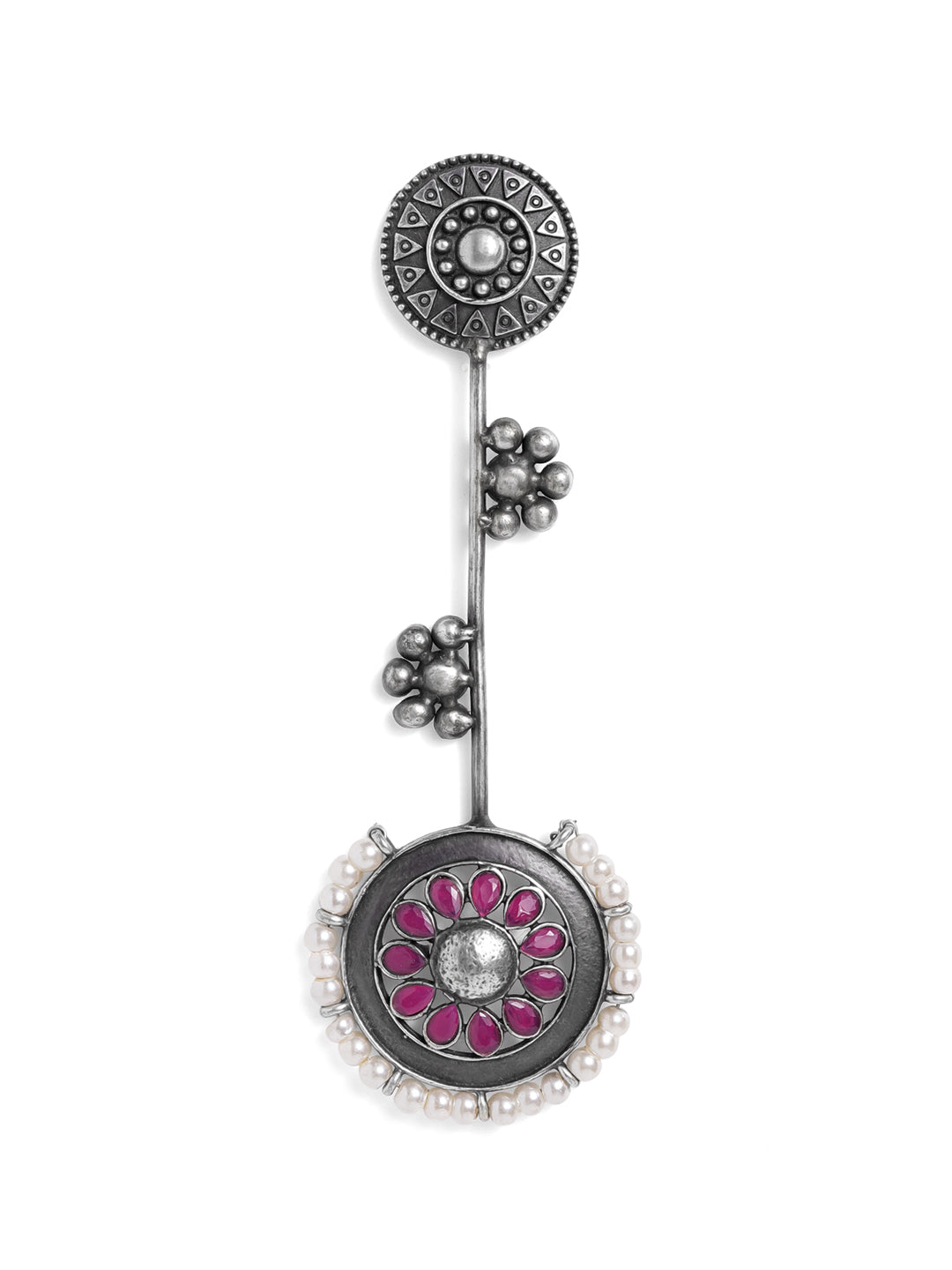 Rubans Oxidised Silver Plated Handcrafted Ruby Stone with White Pearls Drop Earrings Silver