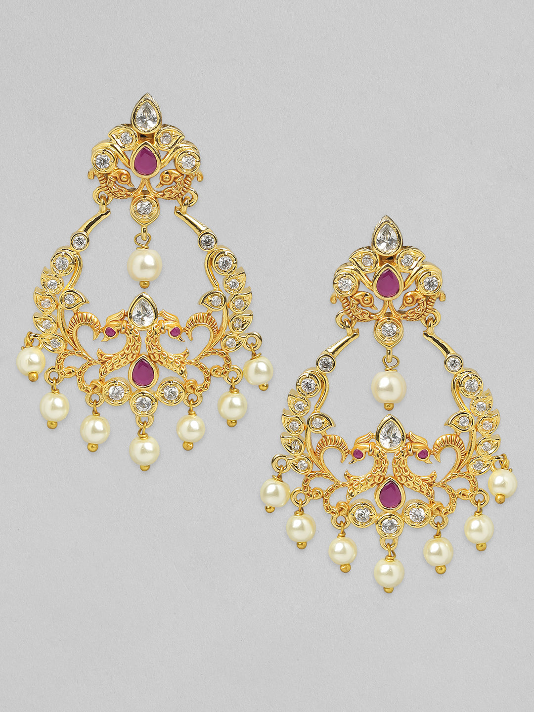 Rubans 24K Gold Plated Handcrafted Ruby Stone with White Pearls Drop Earrings Gold