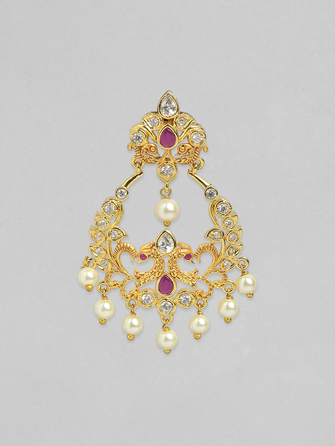 Rubans 24K Gold Plated Handcrafted Ruby Stone with White Pearls Drop Earrings Gold