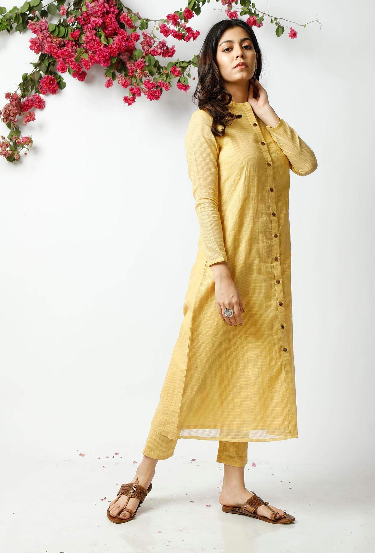 Yellow Kota Doria Cotton Kurta サイズ S