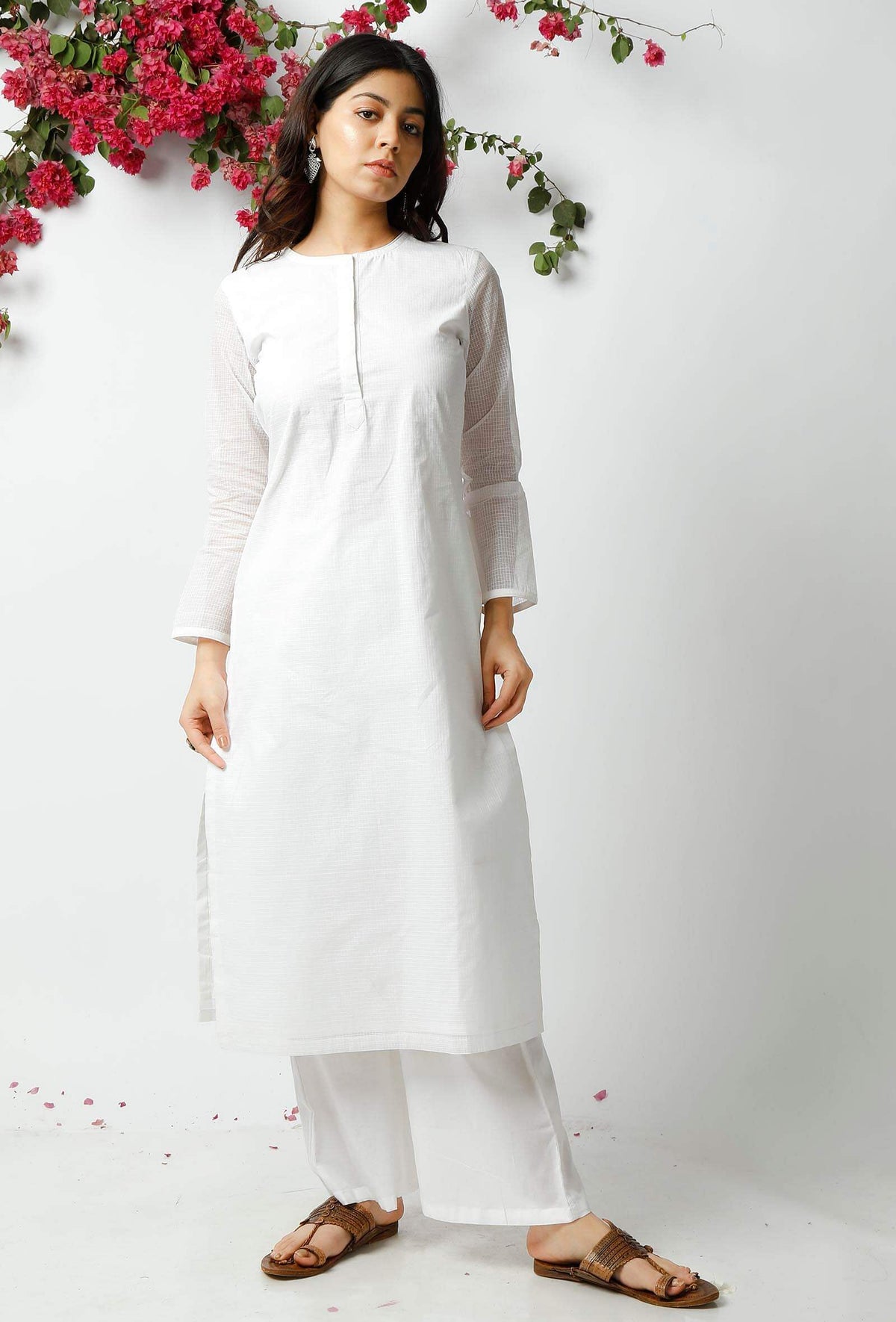 White Kota Doria Cotton Kurta サイズ XS