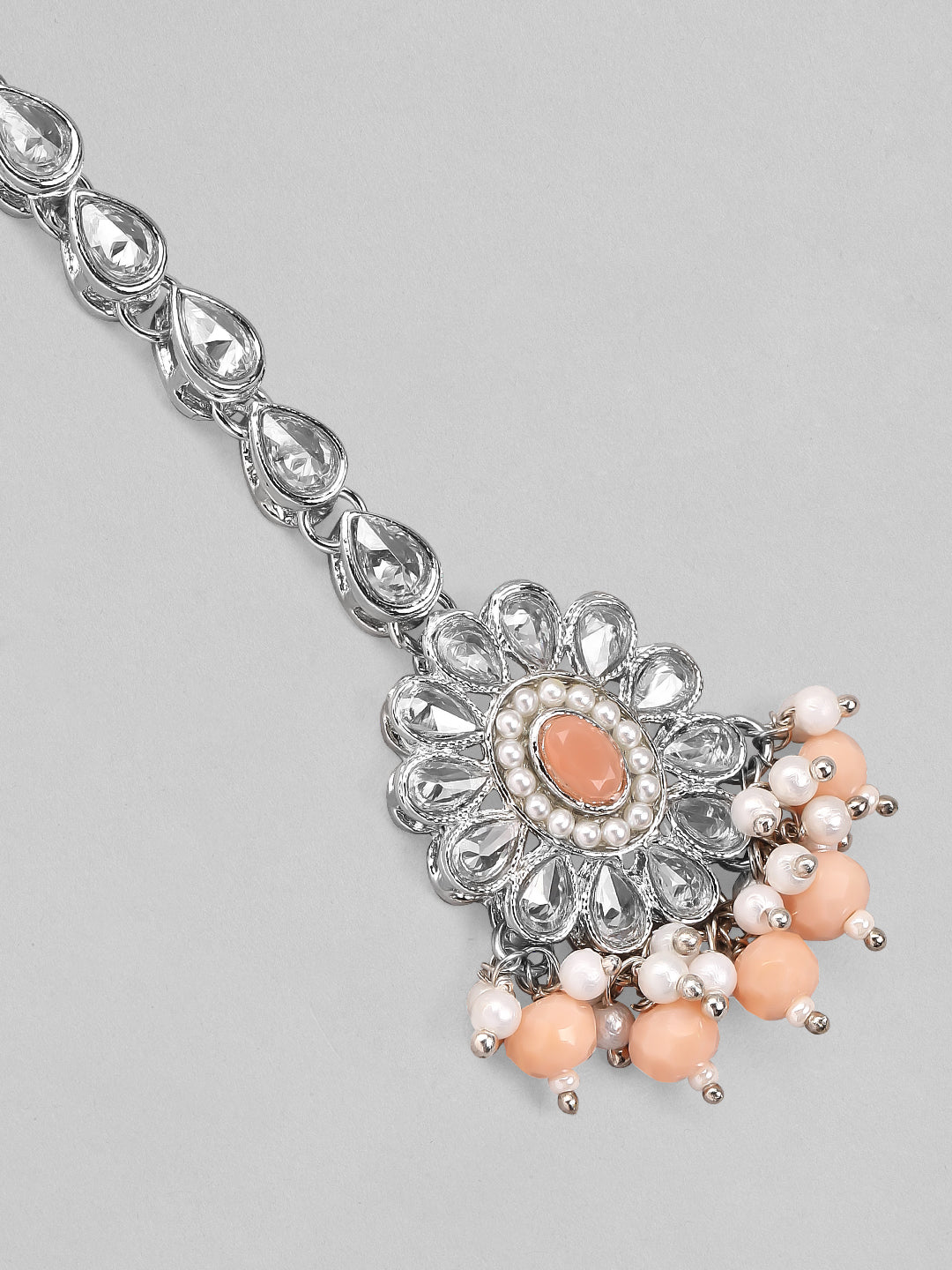 Rubans Silver Plated Handcrafted Kundan White & Peach Beads Maangtika Silver