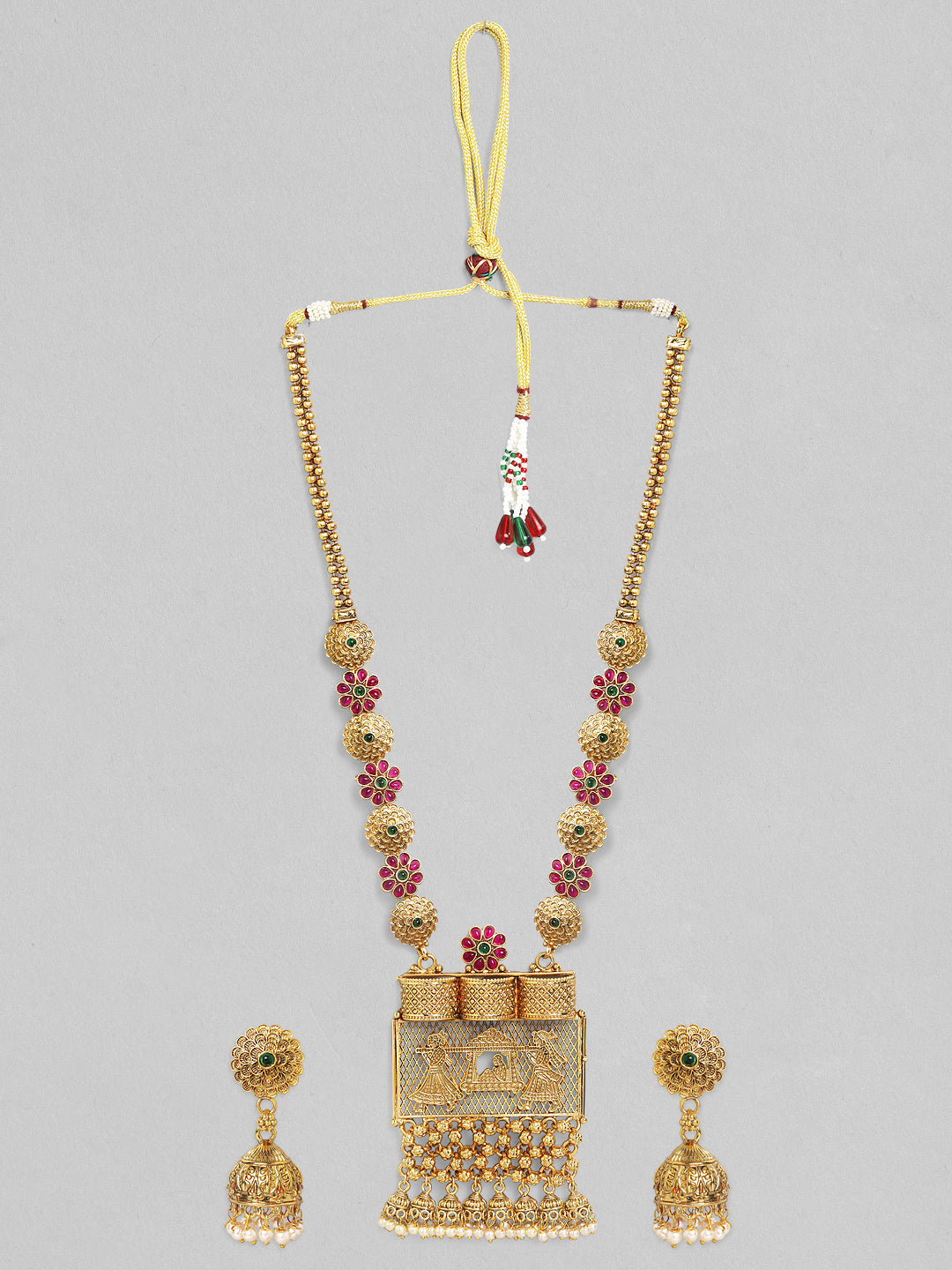 Rubans 24K Gold Plated Handcrafted Ruby Stone Temple Necklace Set Gold