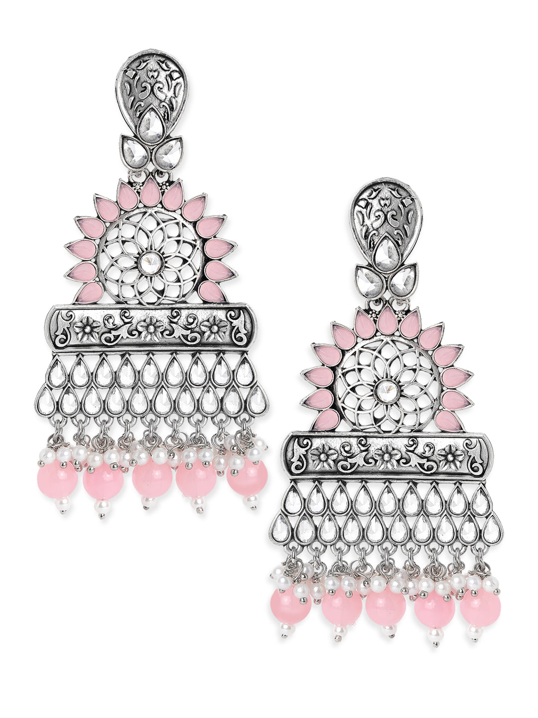 Rubans Silver Toned Contemprory Dropped Earrings with Pink Beads Silver