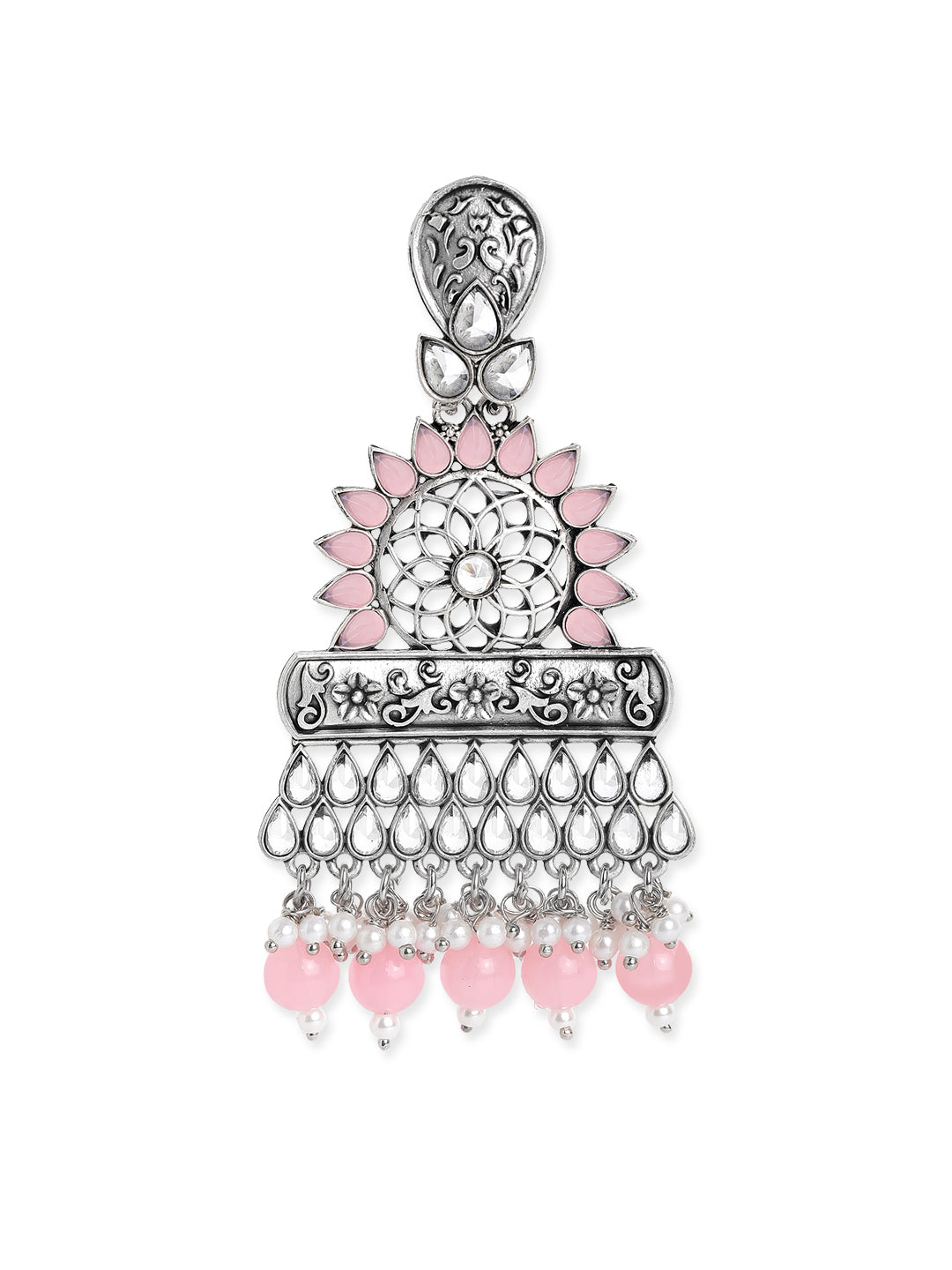 Rubans Silver Toned Contemprory Dropped Earrings with Pink Beads Silver