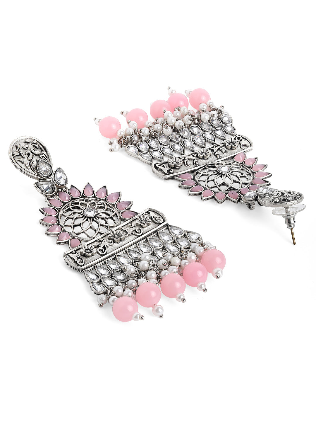 Rubans Silver Toned Contemprory Dropped Earrings with Pink Beads Silver