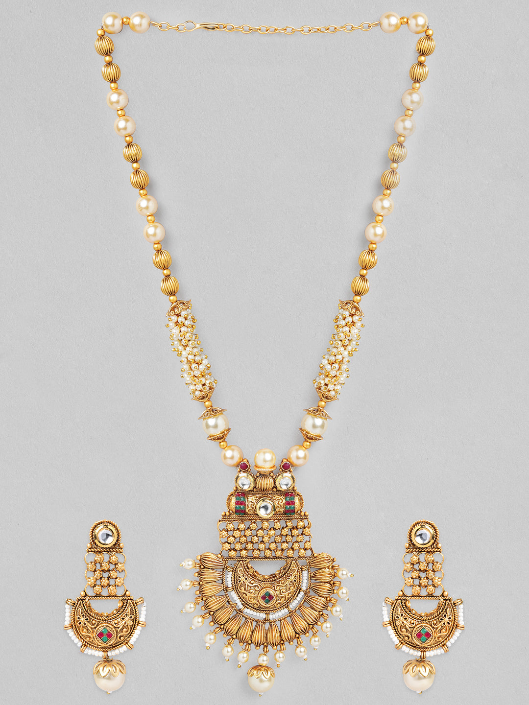 Rubans 22K Gold-Plated White, Red & Green Stone & Gold Pearl Beaded Handcrafted Jewellery Set Gold