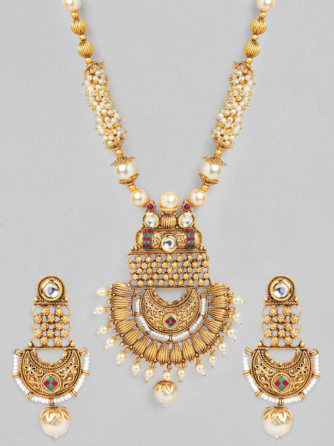 Rubans 22K Gold-Plated White, Red & Green Stone & Gold Pearl Beaded Handcrafted Jewellery Set Gold