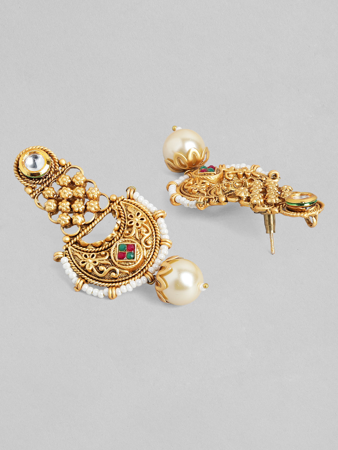 Rubans 22K Gold-Plated White, Red & Green Stone & Gold Pearl Beaded Handcrafted Jewellery Set Gold