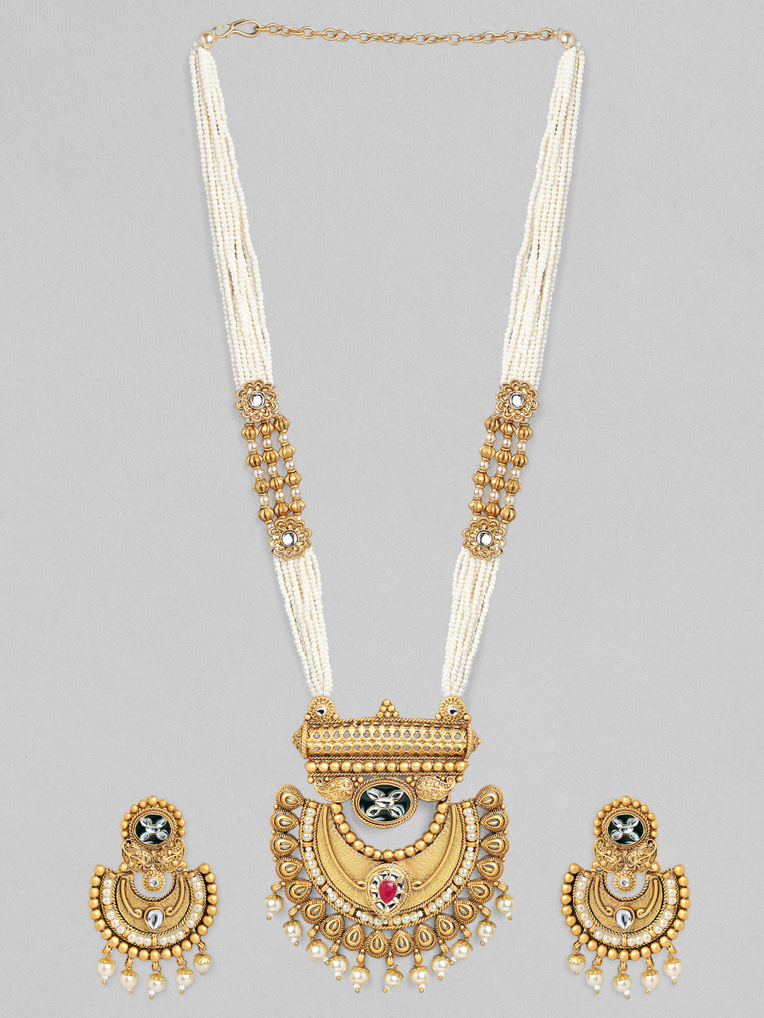 【Rubans】 22K Gold-Plated Pearl Beaded Multi-Strand Necklace Set with Kundan & Ruby Accents and Earrings｜22K ゴールドメッキ パールビーズ マルチストランド ネックレスセット クンダン＆ルビー