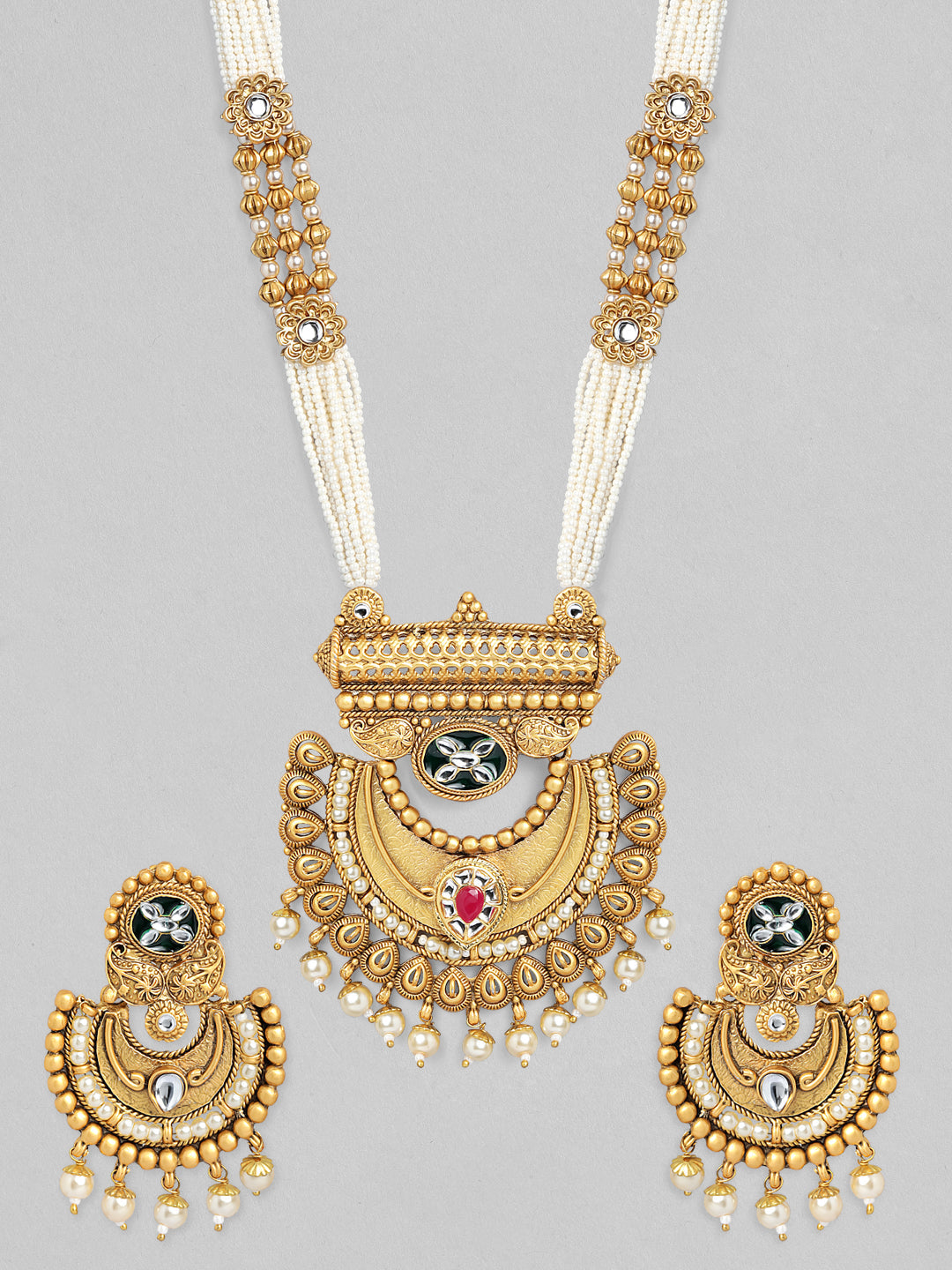 【Rubans】 22K Gold-Plated Pearl Beaded Multi-Strand Necklace Set with Kundan & Ruby Accents and Earrings｜22K ゴールドメッキ パールビーズ マルチストランド ネックレスセット クンダン＆ルビー