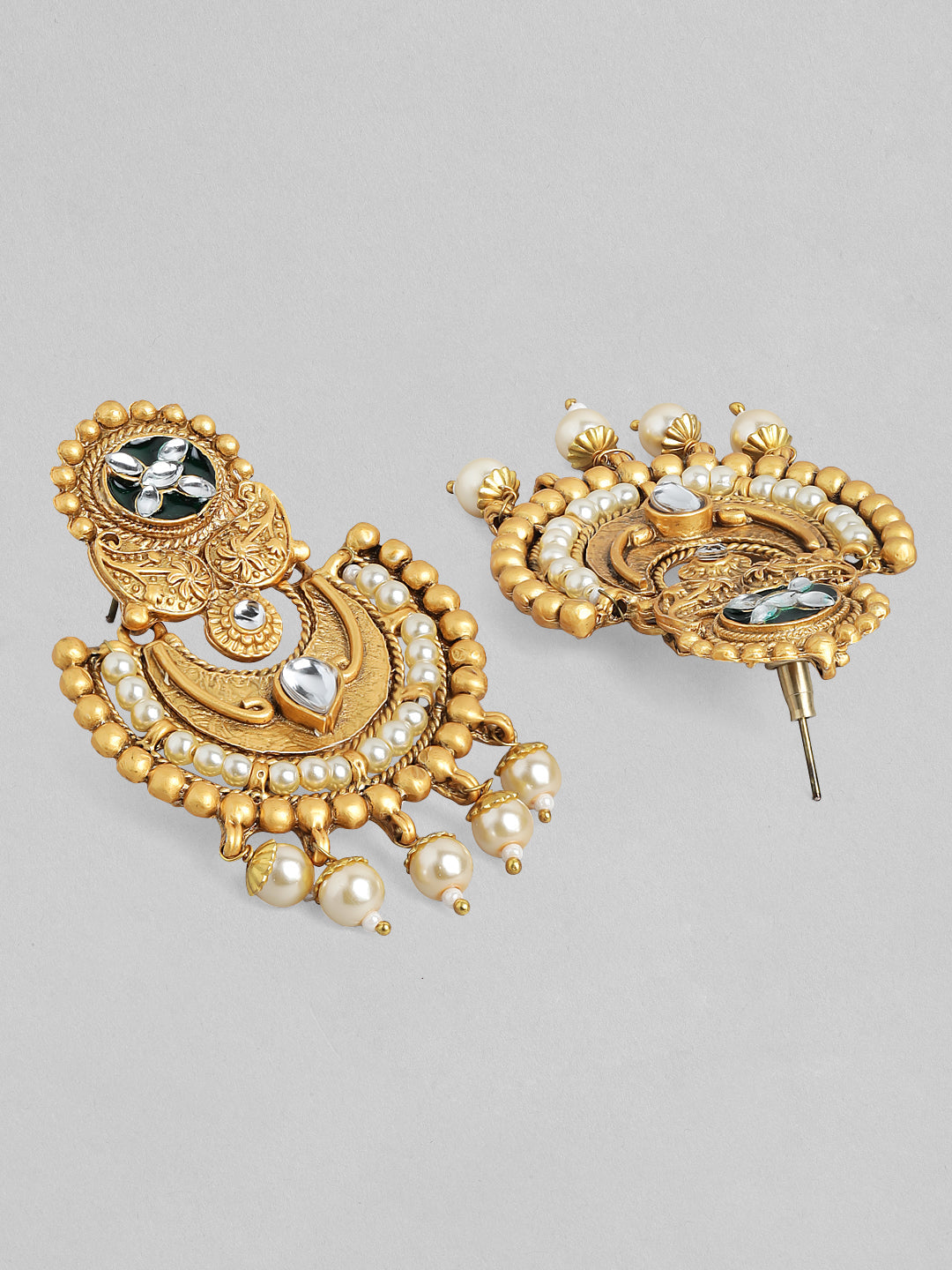 【Rubans】 22K Gold-Plated Pearl Beaded Multi-Strand Necklace Set with Kundan & Ruby Accents and Earrings｜22K ゴールドメッキ パールビーズ マルチストランド ネックレスセット クンダン＆ルビー