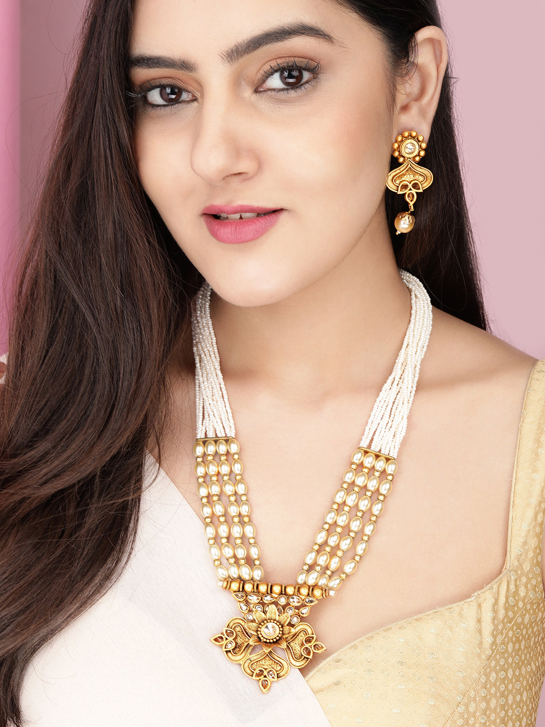 Rubans Gold Plated Handcrafted Kundan & white Beads Necklace Set White