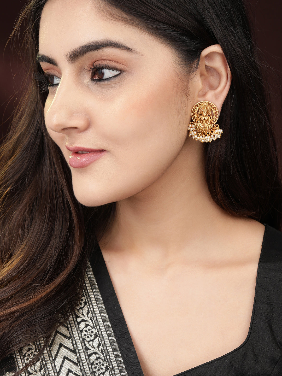 Rubans 24K Gold Plated Handcrafted Filigree Divine Lakshmi Earrings Gold