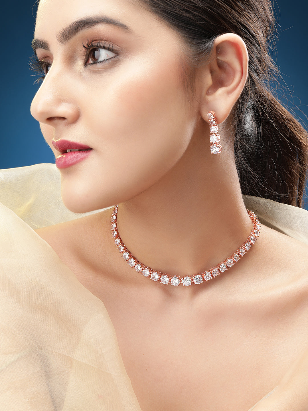 Rubans Rose Gold  Plated Handcrafted Zircon Stone Necklace Set Rose gold