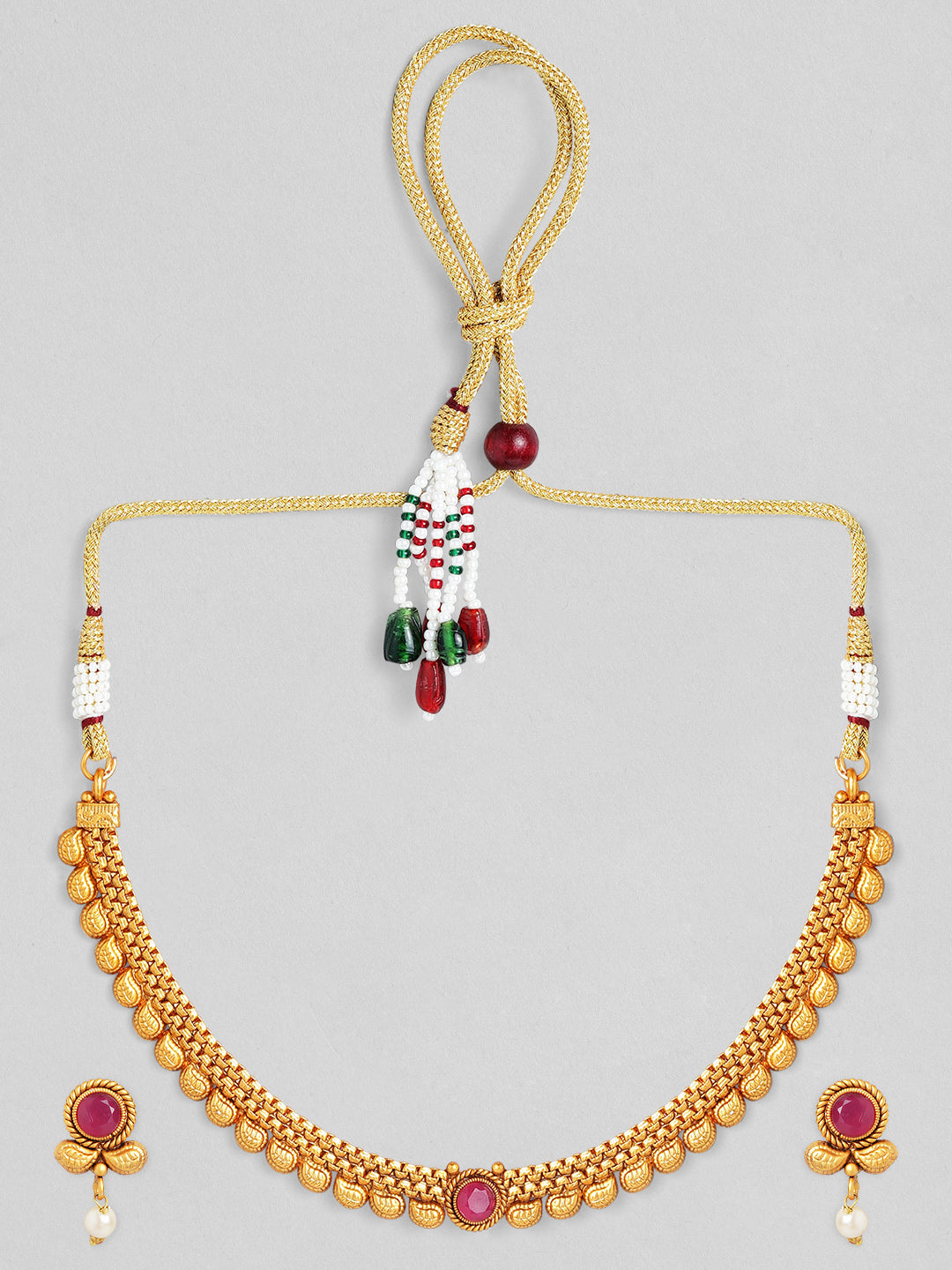 Rubans 18K Gold-Plated Ruby Studded & Pearl Drops Handcrafted Jewellery Set Gold