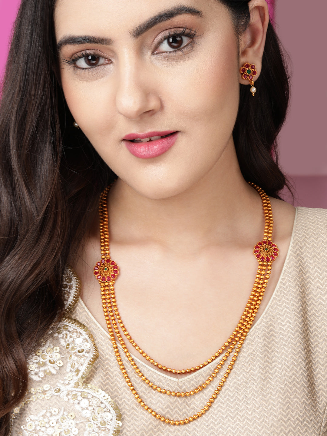 Rubans Traditional 18K Gold Plated Layered Necklace Set With Ruby Stoned Earrings Gold