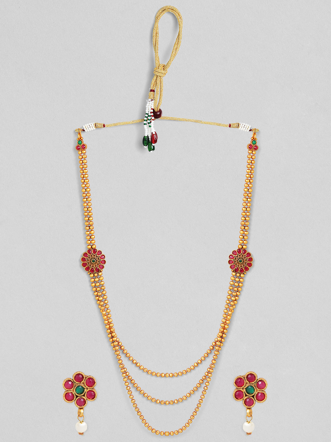 Rubans Traditional 18K Gold Plated Layered Necklace Set With Ruby Stoned Earrings Gold