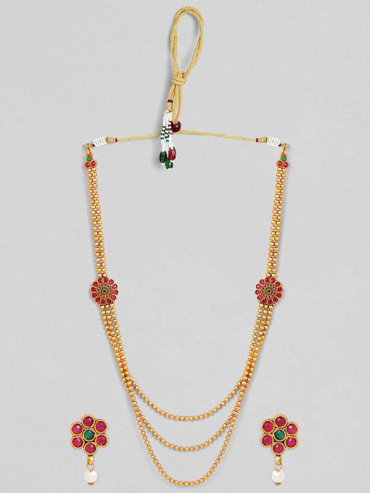 Rubans Traditional 18K Gold Plated Layered Necklace Set With Ruby Stoned Earrings Gold