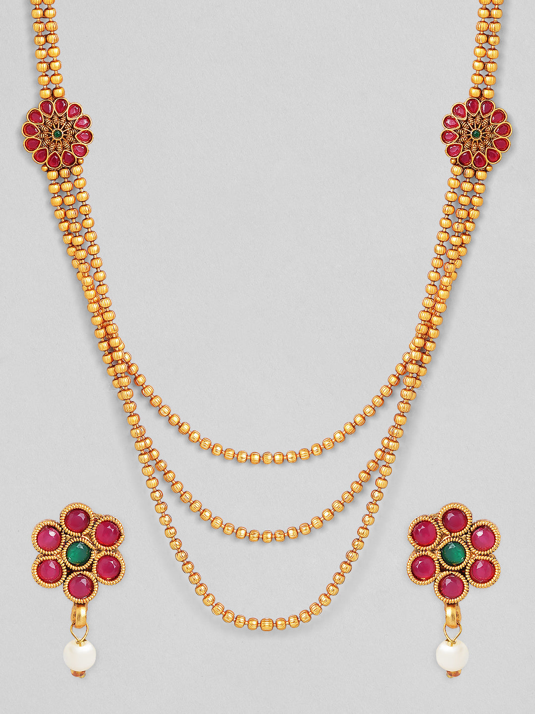 Rubans Traditional 18K Gold Plated Layered Necklace Set With Ruby Stoned Earrings Gold