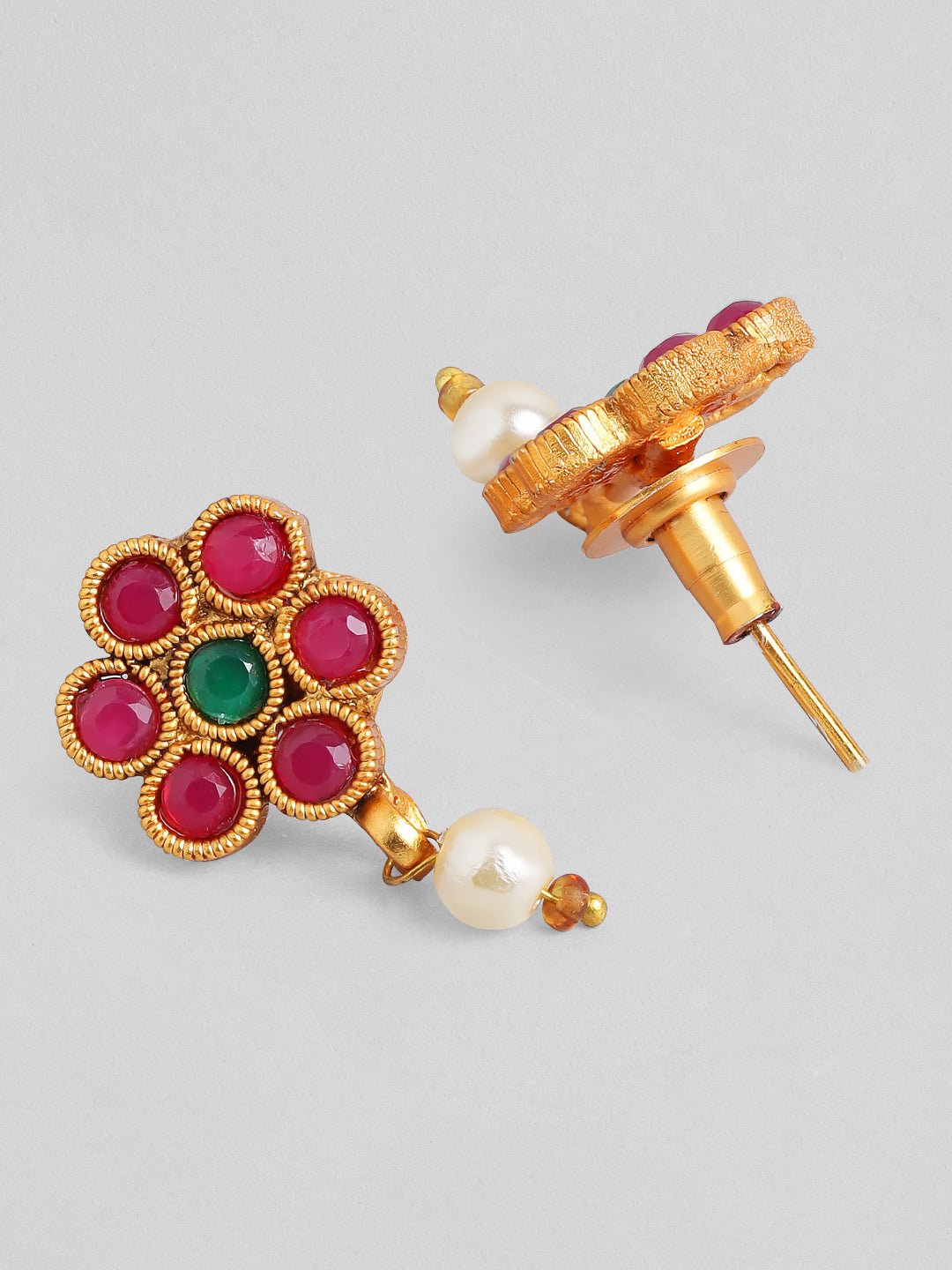Rubans Traditional 18K Gold Plated Layered Necklace Set With Ruby Stoned Earrings Gold