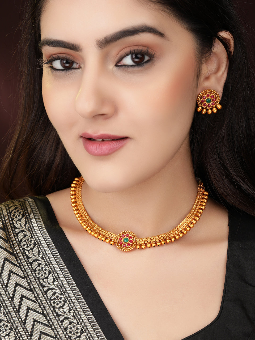 Rubans 24K Gold Plated Handcrafted Collar Neckline Necklace Set Gold