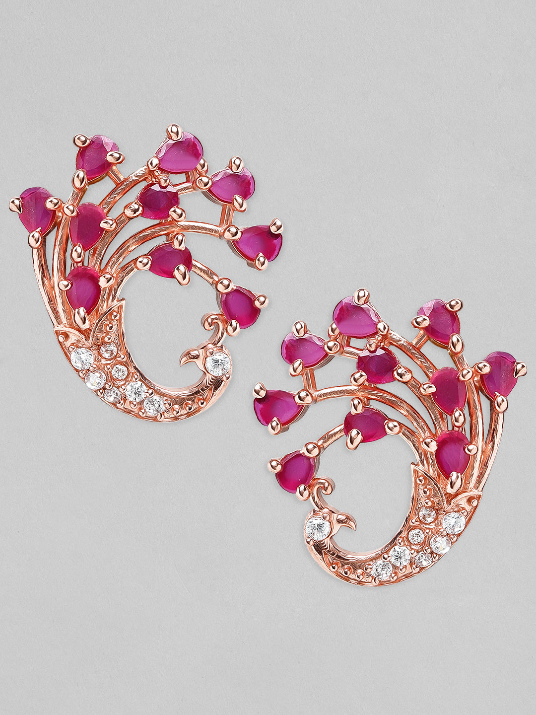 Rubans Rose-Gold Plated Peacock Shaped Ruby Studded Earrings Rose gold