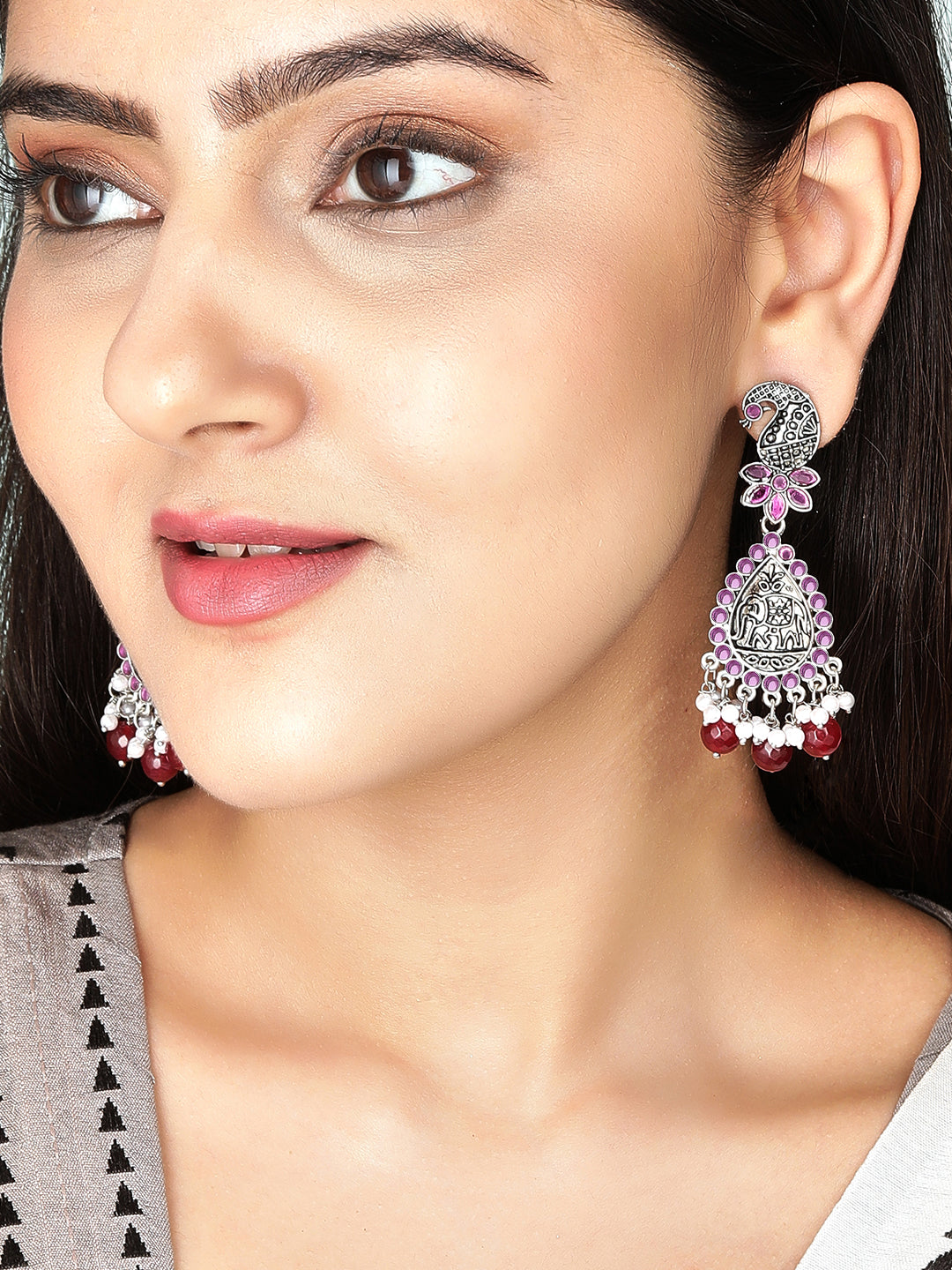 Rubans Traditional Silver Plated Pink Stone Studded Drop Earrings With Red Beads Silver