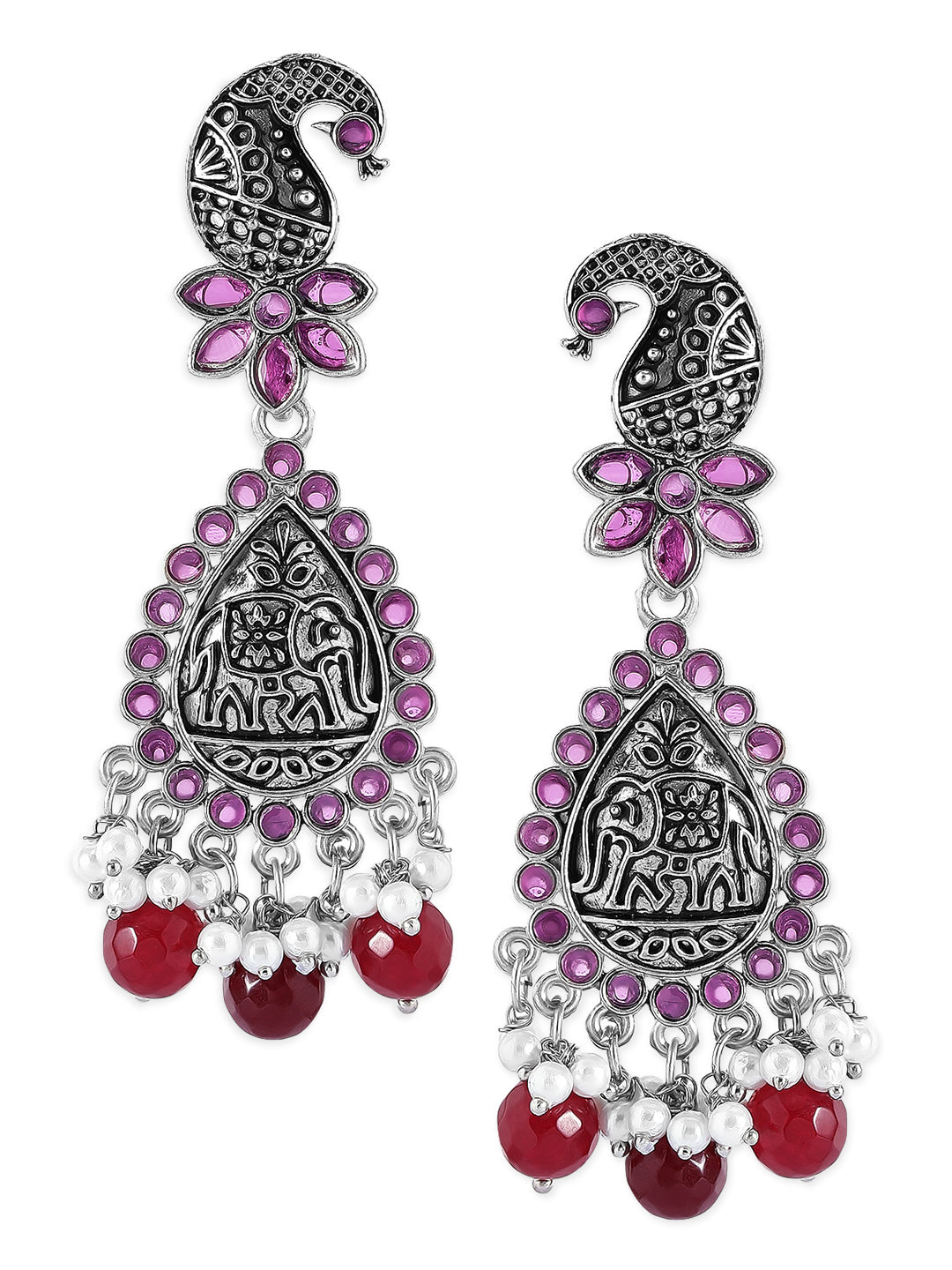Rubans Traditional Silver Plated Pink Stone Studded Drop Earrings With Red Beads Silver