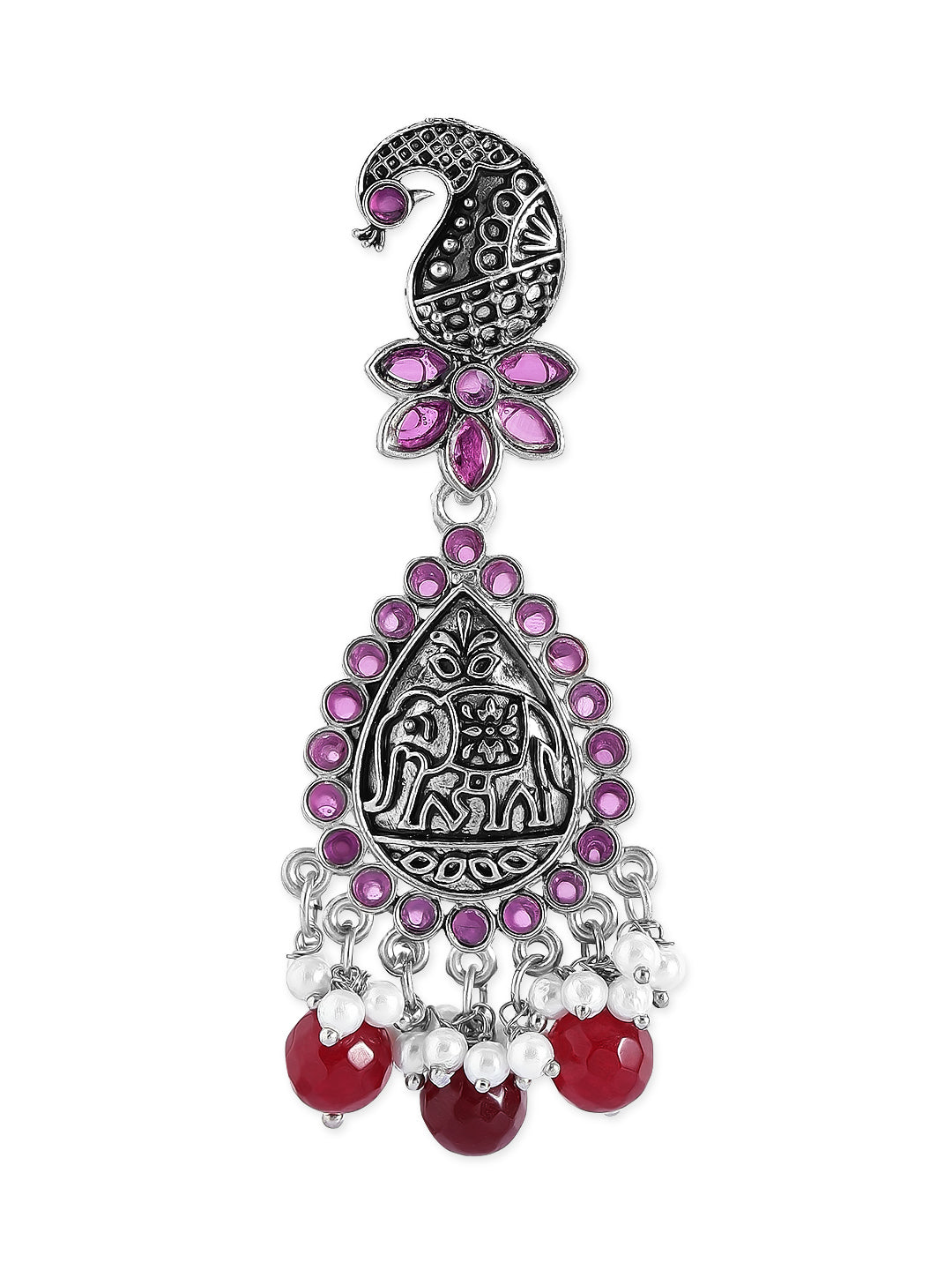 Rubans Traditional Silver Plated Pink Stone Studded Drop Earrings With Red Beads Silver