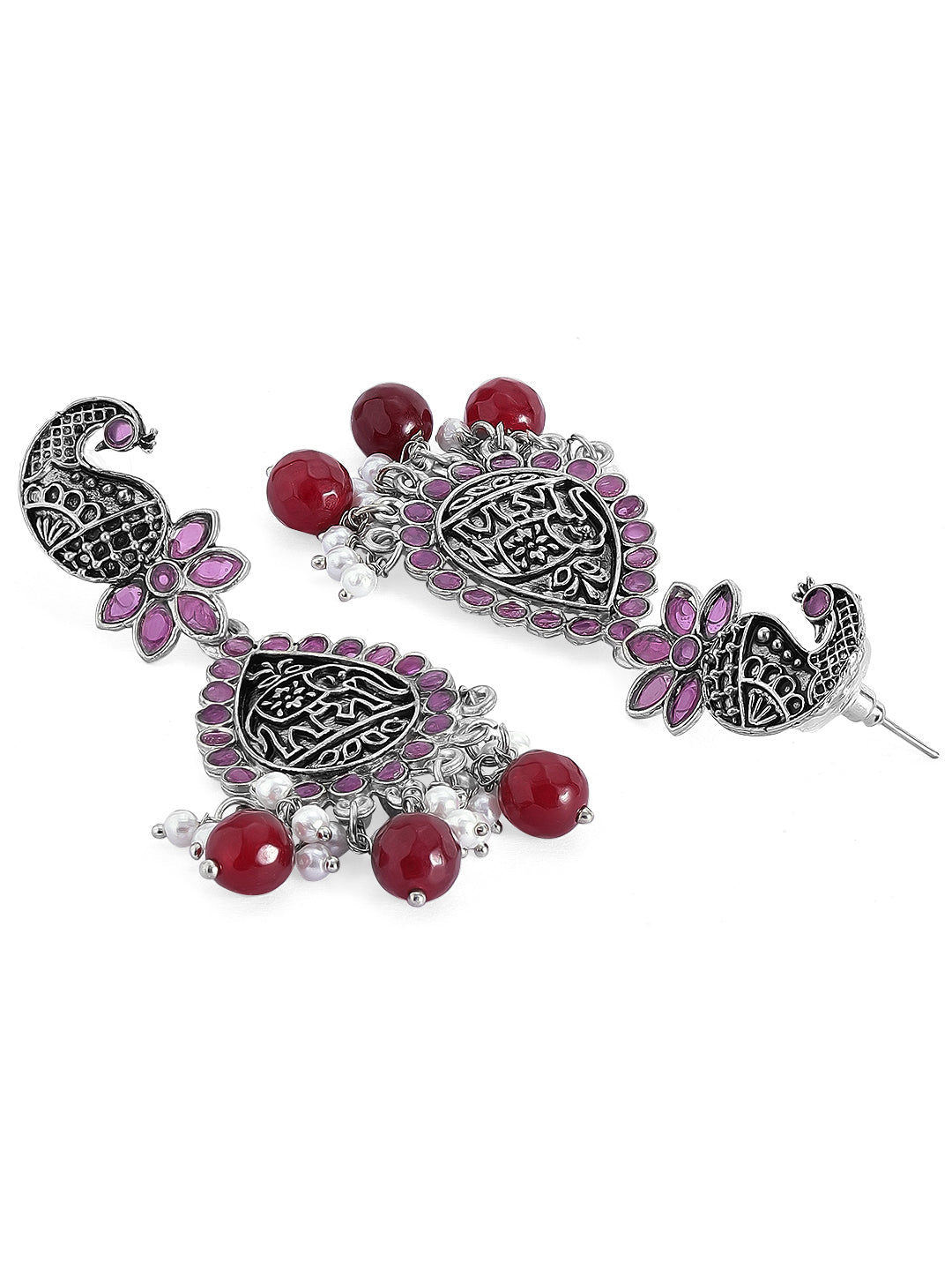 Rubans Traditional Silver Plated Pink Stone Studded Drop Earrings With Red Beads Silver