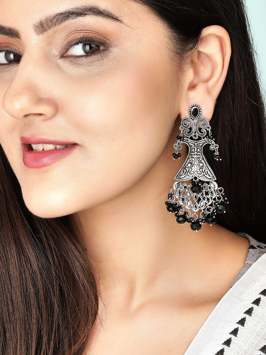 Rubans Silver Plated Black Stone Studded Earrings With Black Beads Silver
