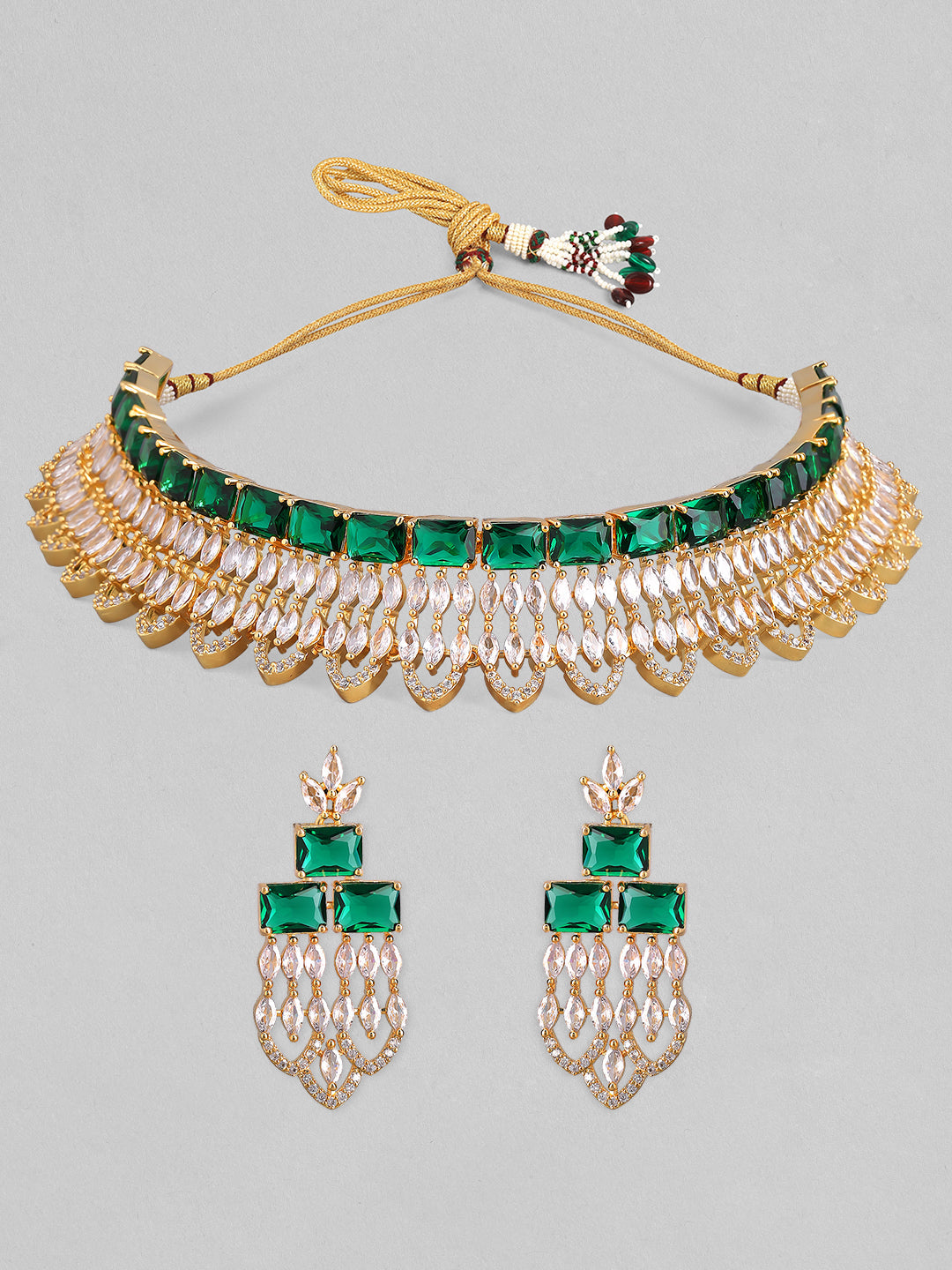 Rubans Gold Plated Green & White Stone Studded American Diamond Necklace Set. Gold