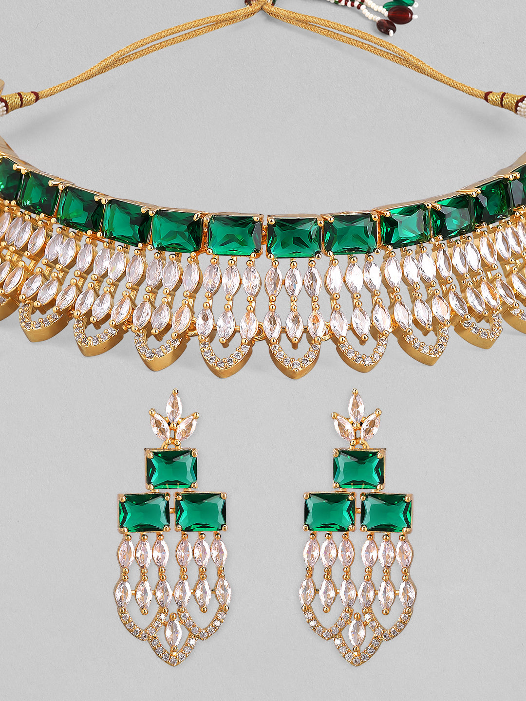 Rubans Gold Plated Green & White Stone Studded American Diamond Necklace Set. Gold