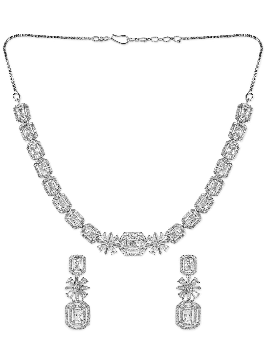 Rubans Rhodium Plated White Cubic Zirconia Stone Studded Floral Classic Jewellery Set Silver