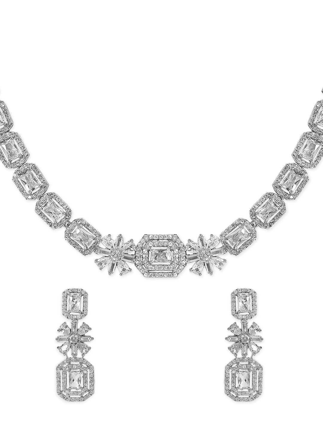 Rubans Rhodium Plated White Cubic Zirconia Stone Studded Floral Classic Jewellery Set Silver