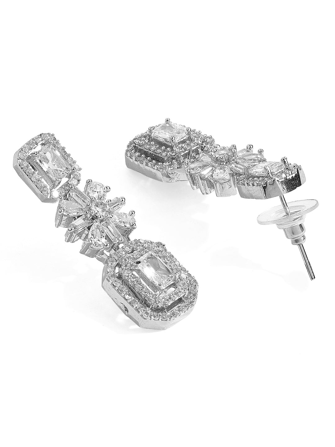 Rubans Rhodium Plated White Cubic Zirconia Stone Studded Floral Classic Jewellery Set Silver