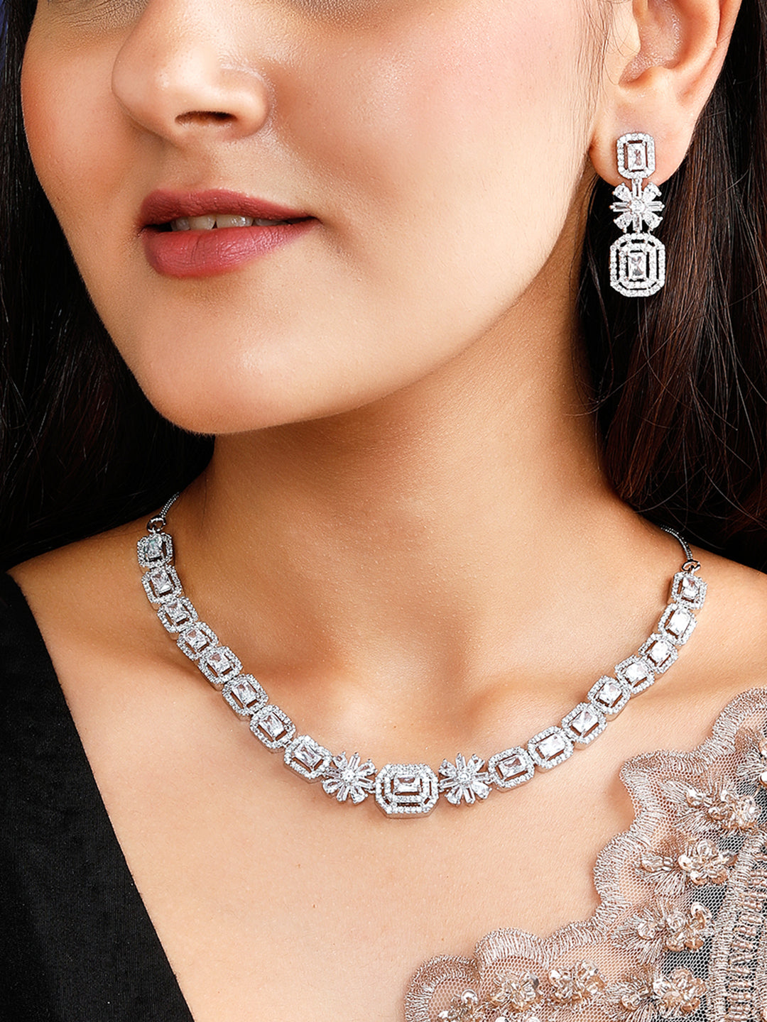 Rubans Rhodium Plated White Cubic Zirconia Stone Studded Floral Classic Jewellery Set Silver