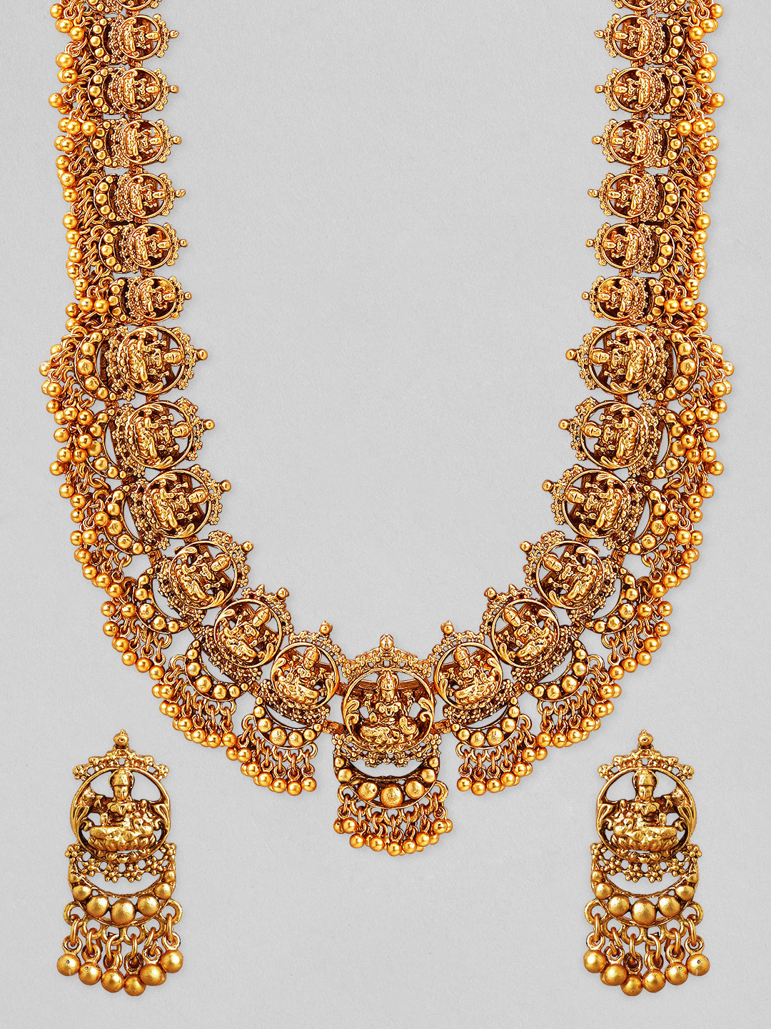 Rubans 22K Gold-Plated Divine Lakshmi Motif Temple Jewellery Set with Gold Bead Accents Gold