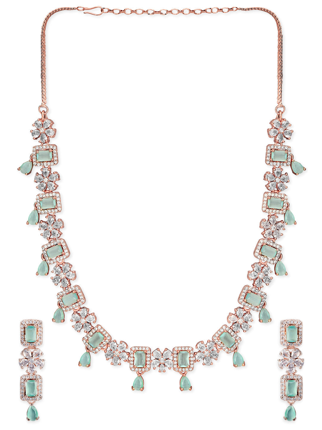 Rubans 22K Rose Gold Plated Mint Green Sapphire & Cubic Zirconia Studded Jewelry Set Design Rose Gold