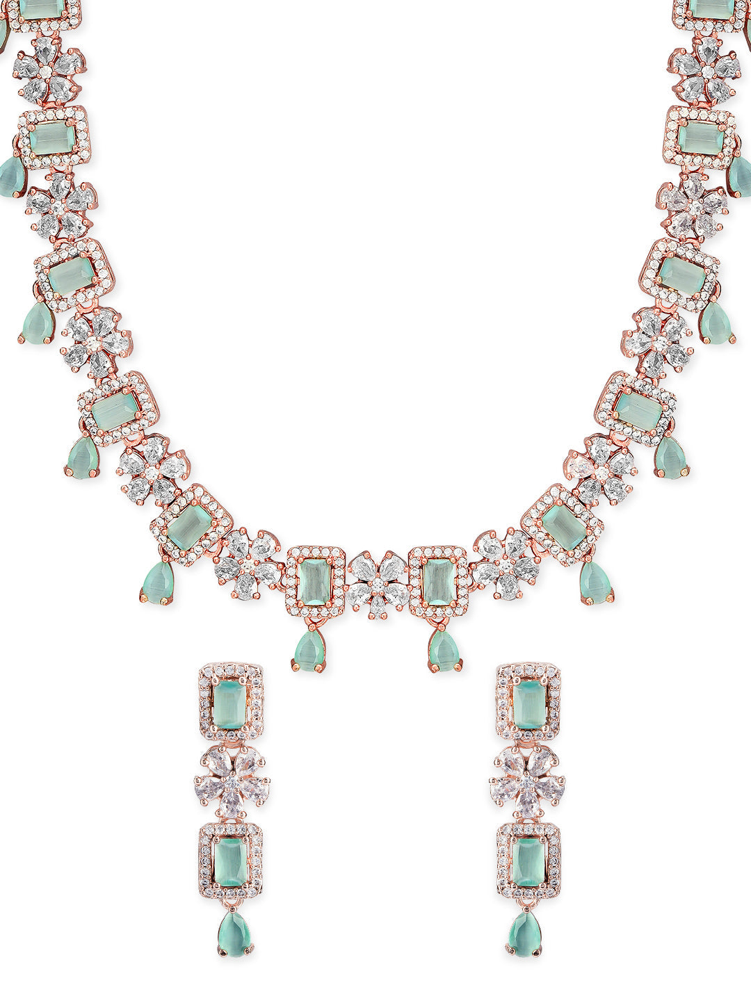 Rubans 22K Rose Gold Plated Mint Green Sapphire & Cubic Zirconia Studded Jewelry Set Design Rose Gold