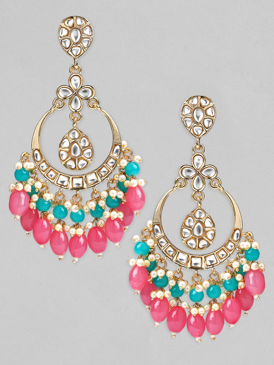 【Rubans】 18K Gold Plated Kundan Studded Multicolor Big Chandbali with White, Pink & Blue Beads｜18K ゴールドメッキ クンダン マルチカラー ビッグ チャンドバリ イヤリング ホワイト・ピンク・ブルービーズ