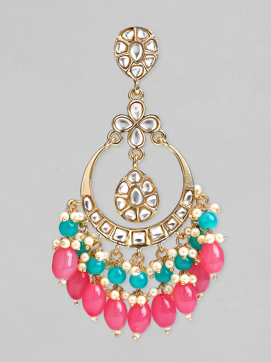 【Rubans】 18K Gold Plated Kundan Studded Multicolor Big Chandbali with White, Pink & Blue Beads｜18K ゴールドメッキ クンダン マルチカラー ビッグ チャンドバリ イヤリング ホワイト・ピンク・ブルービーズ