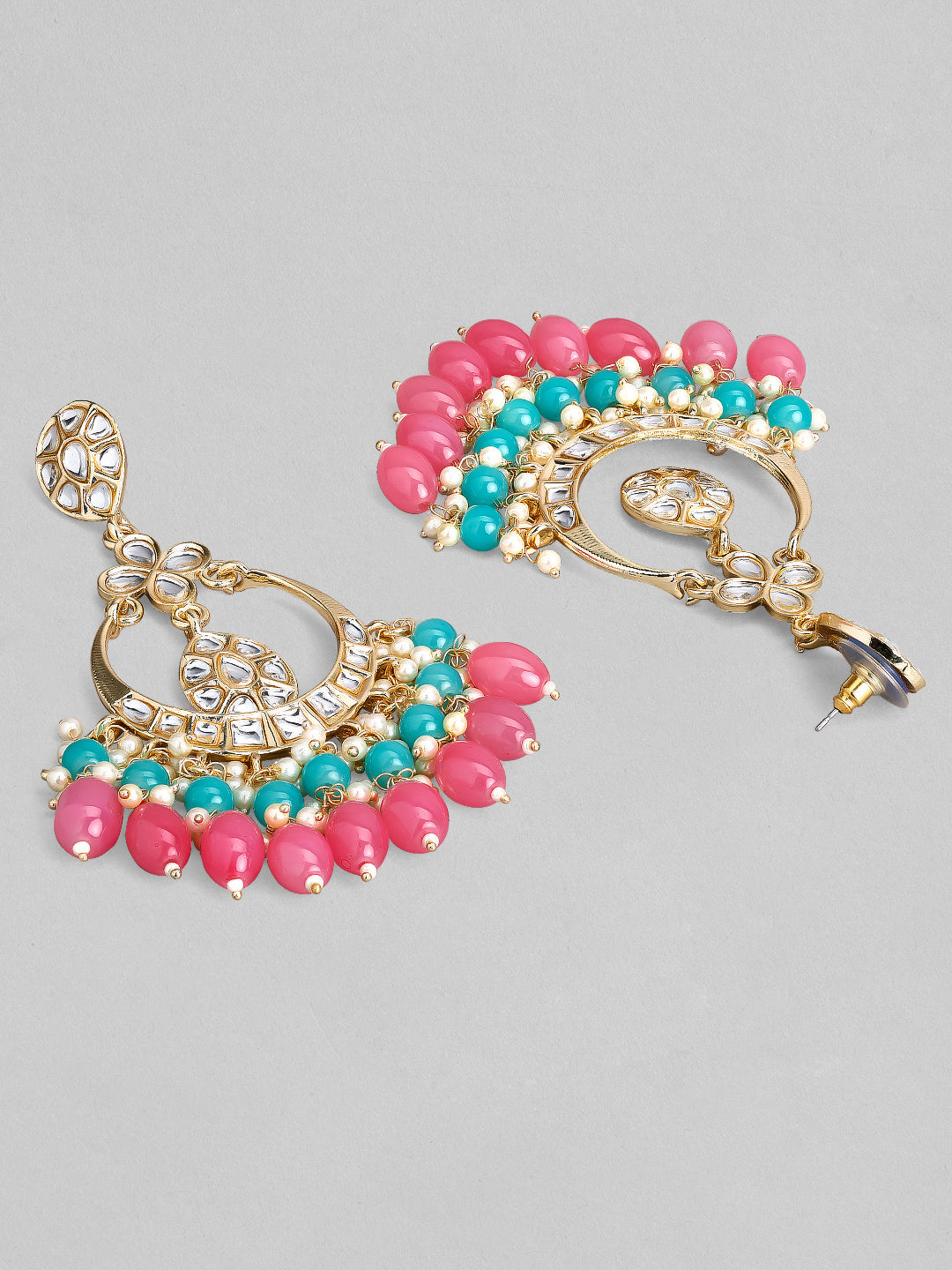 【Rubans】 18K Gold Plated Kundan Studded Multicolor Big Chandbali with White, Pink & Blue Beads｜18K ゴールドメッキ クンダン マルチカラー ビッグ チャンドバリ イヤリング ホワイト・ピンク・ブルービーズ