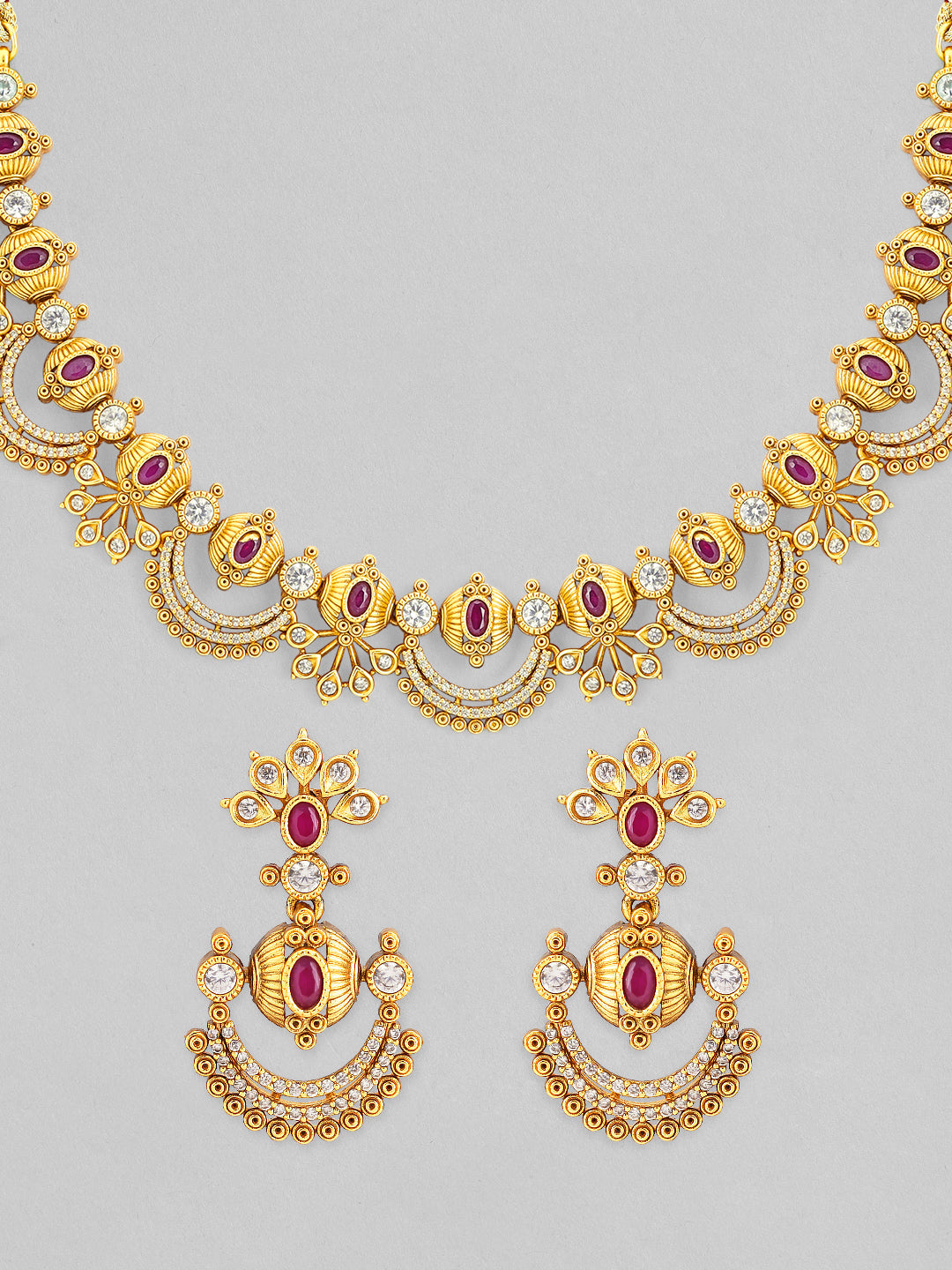 Rubans 24K Gold-Plated Ruby Pink & Cubic Zirconia Studded Temple Necklace Set with Chandbali Earrings Gold